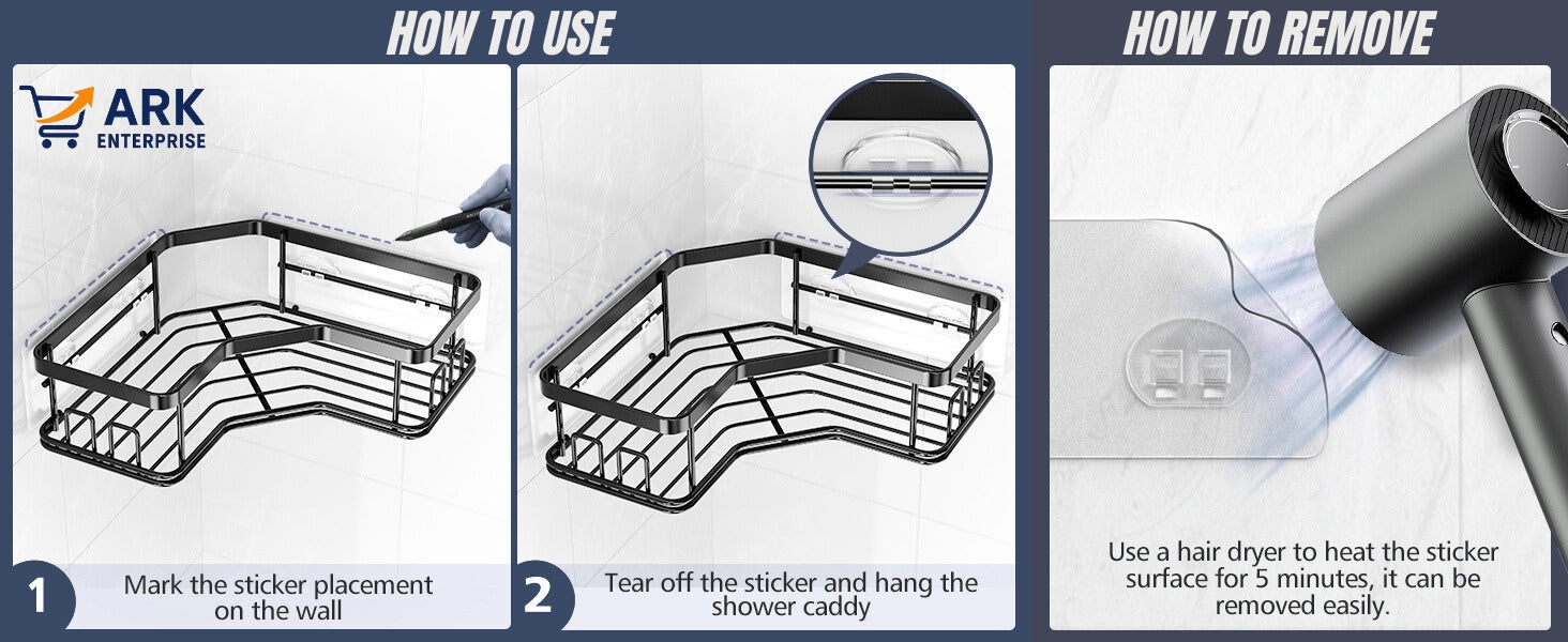 Shower Caddy Corner Shelf with Soap Holder, No Drill Adhesive Wall Mounted with Hooks - Rustproof Stainless Steel Rack by ARK.