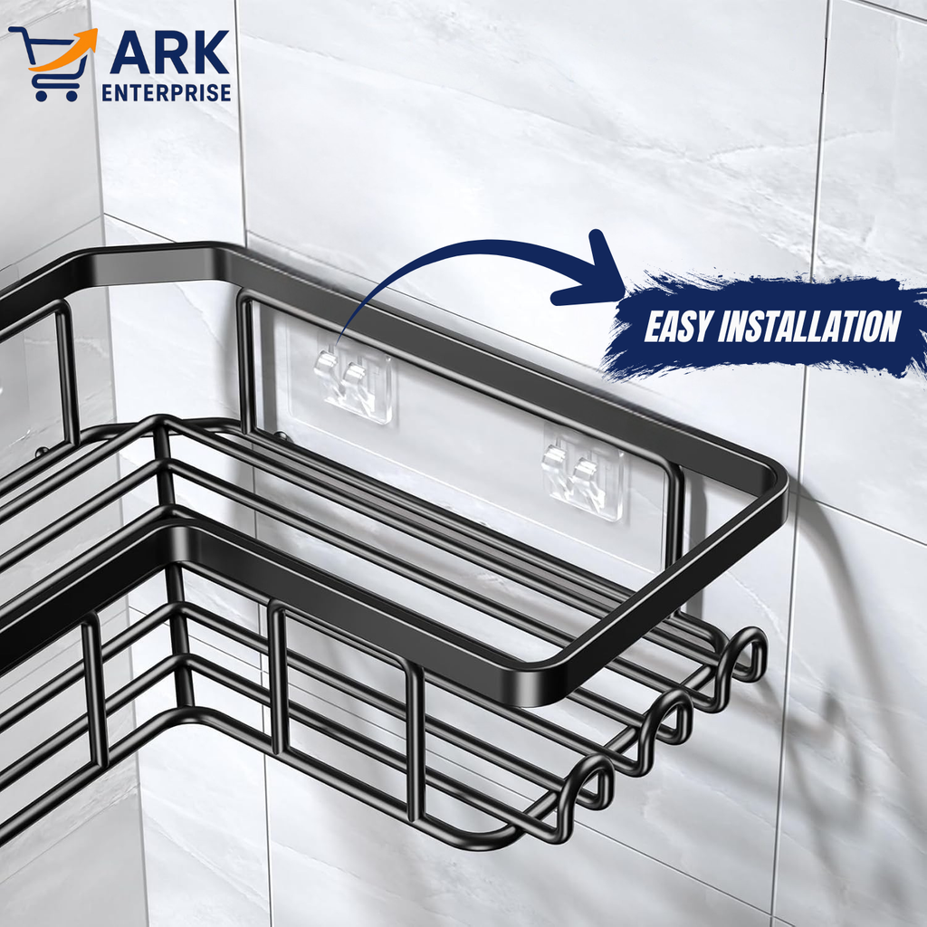 Shower Caddy Corner Shelf with Soap Holder, No Drill Adhesive Wall Mounted with Hooks - Rustproof Stainless Steel Rack by ARK.
