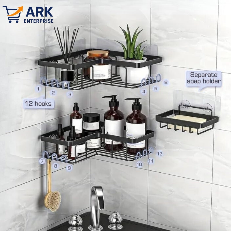 Shower Caddy Corner Shelf with Soap Holder, No Drill Adhesive Wall Mounted with Hooks - Rustproof Stainless Steel Rack by ARK.