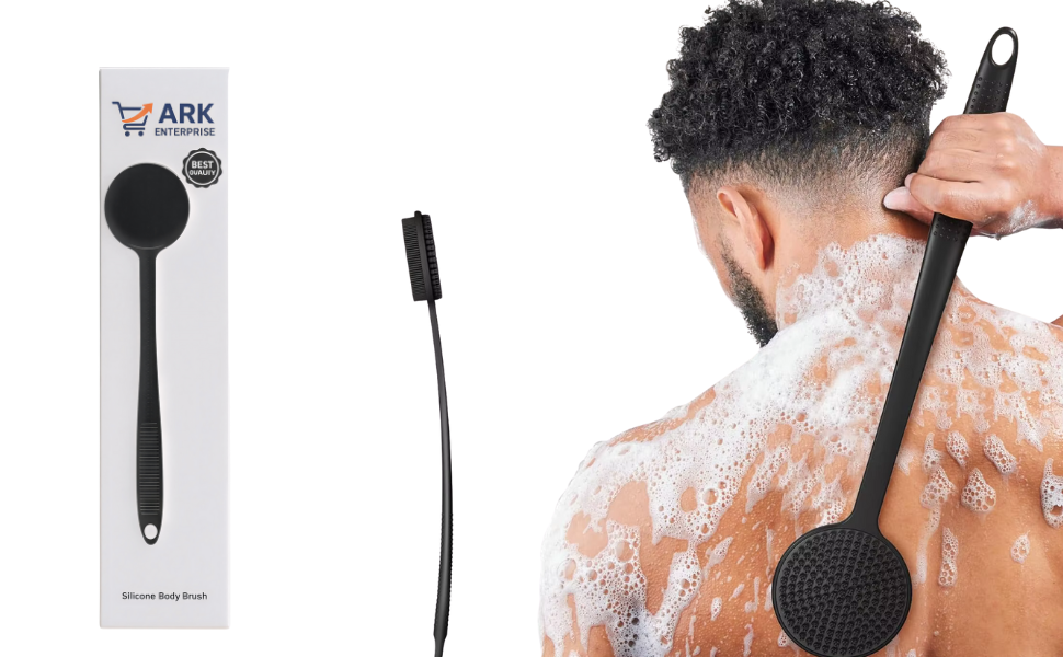 ARK Silicone Scrubber for Shower, 17 in Lengthened Long Handle Body Brush, Double Sided deep Cleaning & Massaging Shower Scrubber, Rich Foam Producer for Men & Women.