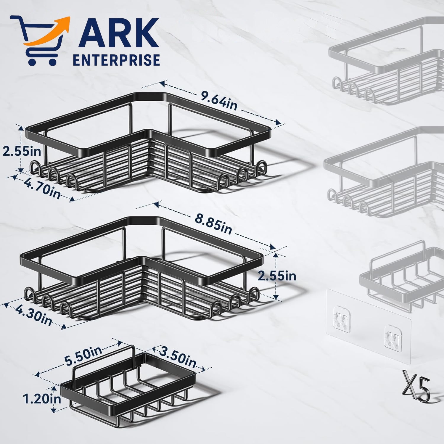 Shower Caddy Corner Shelf with Soap Holder, No Drill Adhesive Wall Mounted with Hooks - Rustproof Stainless Steel Rack by ARK.