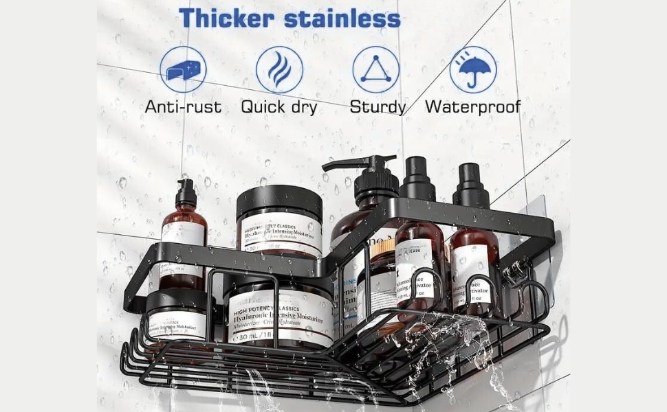 Shower Caddy Corner Shelf with Soap Holder, No Drill Adhesive Wall Mounted with Hooks - Rustproof Stainless Steel Rack by ARK.